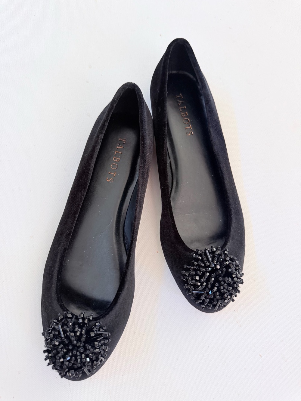 Talbots black velvet flats with beaded rosette on toe